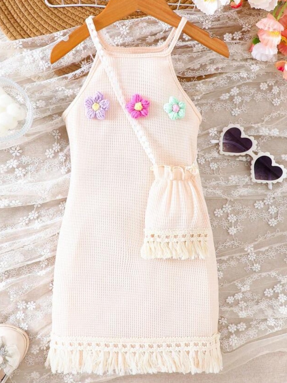 New! Girls Vacation/Summer Crochet Flower Tank Dress with matching purse size 9